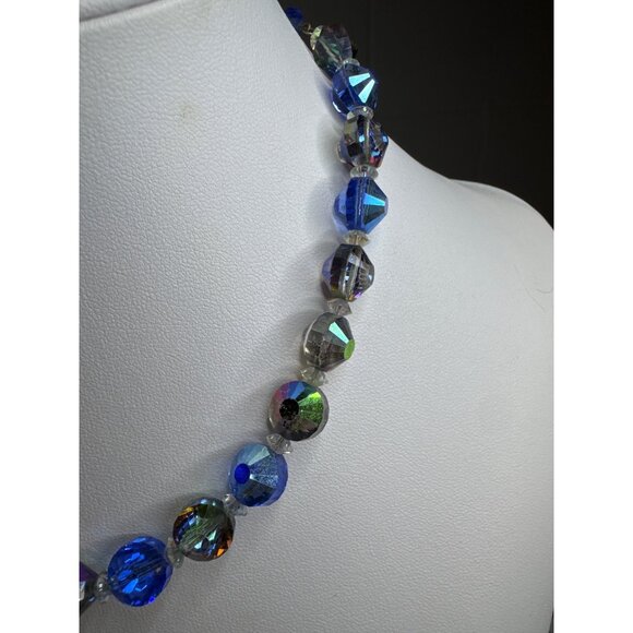 Faceted Blue Aurora Borealis and Clear Crystal Beaded Necklace Hobe Vintage - Picture 4 of 9